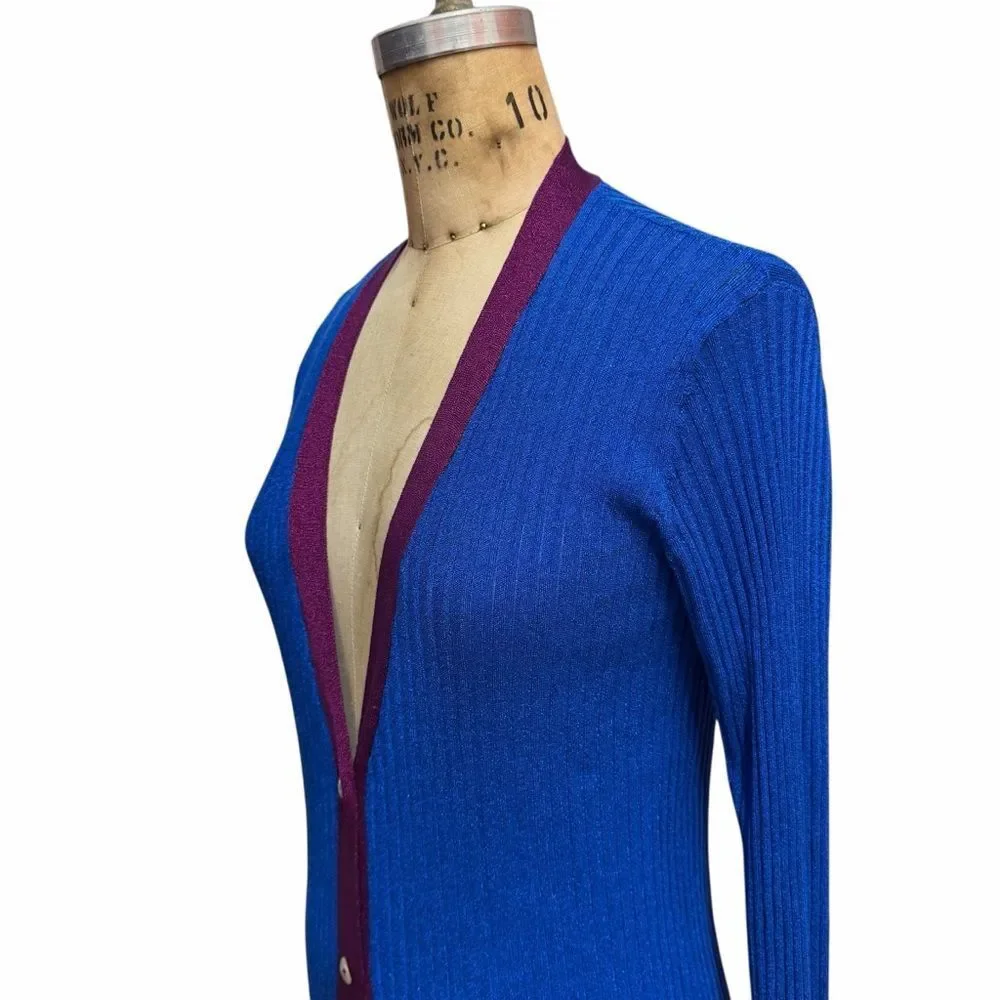 Zara Knit Blue Long Cardigan with Burgundy Trim Size M